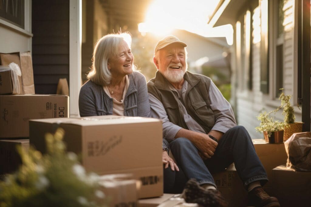 aged couple relaxing while moving company packing boxes for relocation